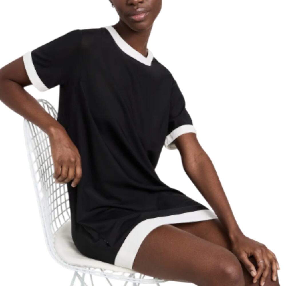 STAUD Black Selah Mesh White Contrast Short Sleeve Mini Dress